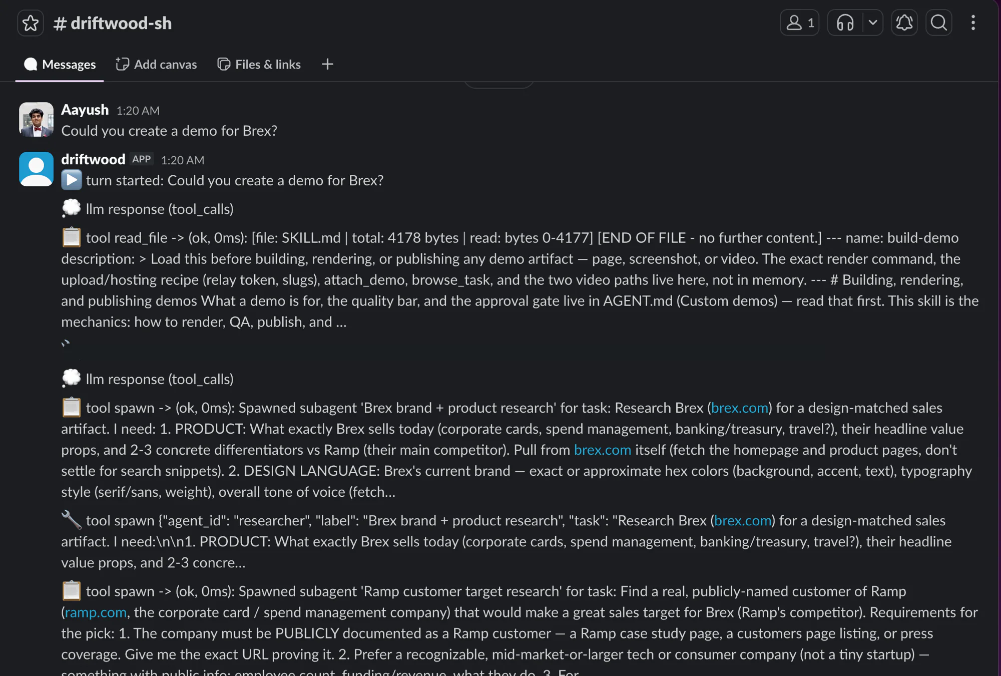 The driftwood agent in Slack: asked for a Brex demo, it reads its build skill and spawns research subagents for Brex and Ramp